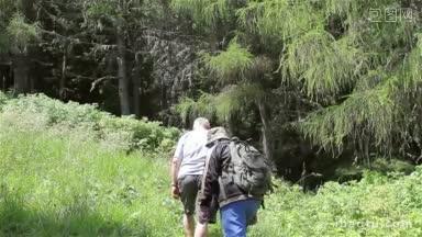 一对资深游客夫妇徒步穿过山里的森林